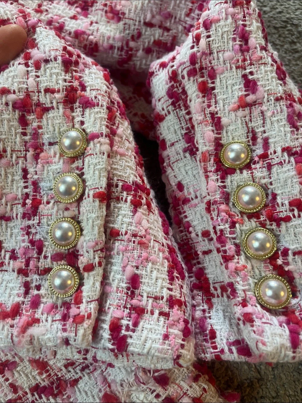 🎀🌺🌸Nanette Lepore sz8 Pink “tweed” Blazer pink red white Fringe Faux Pearls NWT